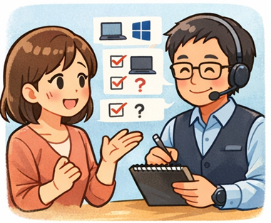 タッフが作業内容と目安を示すメモを見せ、お客様が安心した表情で「OK」とうなずいている